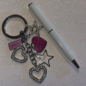 Coach Silver and Pink Heart and Star Keychain and Coach Pen Set.